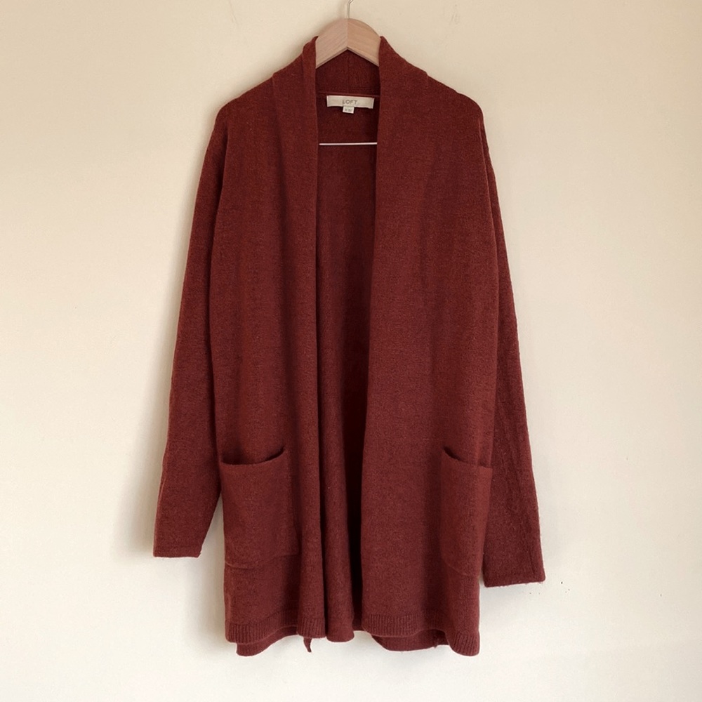 LOFT Open Cardigan with Pockets - Marled Rust Orange